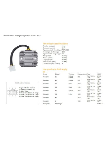 DZE REGULATOR NAPIĘCIA KAWASAKI GPZ/KZ/Z 750/1000/1100 (SH532-12,ESR140)