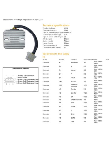 DZE REGULATOR NAPIĘCIA KAWASAKI GPZ500S 87-01, EN450/454/500 85-01, GPZ750/1100, KZ1000