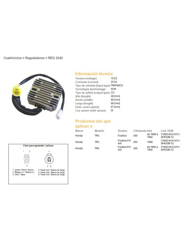 DZE REGULATOR NAPIĘCIA HONDA TRX300 FOURTRAX 88-92 (SH532B-12) (31600-HC4-010) (ESR125)