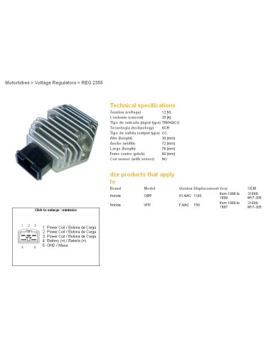 DZE REGULATOR NAPIĘCIA HONDA CBR1100XX 96-98, VFR750F 90-97 (35A) (31600-MY7-305) - ZASTĘPUJE 2055-01