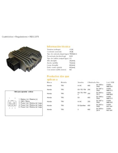 DZE REGULATOR NAPIĘCIA HONDA TRX400 EX SPORTRAX 99-09, TRX250 RECON 97-11, SPORTRAX 01-08 (ESR585)