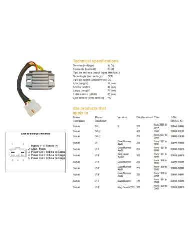 DZE REGULATOR NAPIĘCIA SUZUKI LT160 89-04, LTF250 88-02, LTF300 KING QUAD 99-02 (SH572E-12) (ESR136)