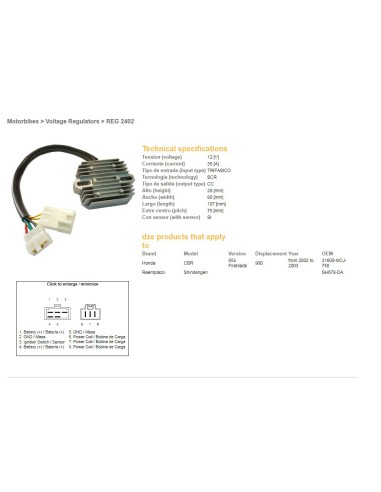 DZE REGULATOR NAPIĘCIA HONDA CBR900RR 02-03 (CBR954), VTX1800 02-08 (ESR690) (31600-MCJ-750) (SH678DA) (35A)