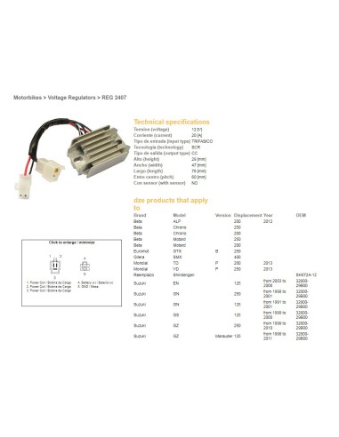 DZE REGULATOR NAPIĘCIA SUZUKI GN125 91-97, GZ250 99-10, ARCTIC CAT 250/300 98-02 (ESR142) (32800-29B00)