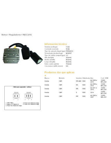 DZE REGULATOR NAPIĘCIA HONDA CBR1000 RR 06-15 MOSFET (50A) (31600-MFL-D01, 31600-MEL-A21) (ESR680 ESR439)