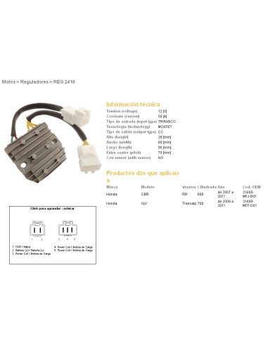 DZE REGULATOR NAPIĘCIA HONDA CBR600RR '07-'12, XL700V TRANSALP '08-'11, MOSFET (50A) (31600-MFJ-D01)