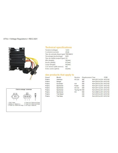 DZE REGULATOR NAPIĘCIA POLARIS SPORTSMAN 400/500 '09-'14, RANGER 400 '10-'14, SCRAMBLER 500 '10-'12 (4012192)