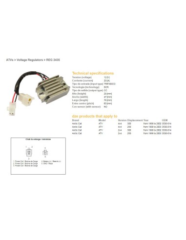 DZE REGULATOR NAPIĘCIA ARCTIC CAT 250 '99-'03, 300 '98-'02 12V20A (3530-014)