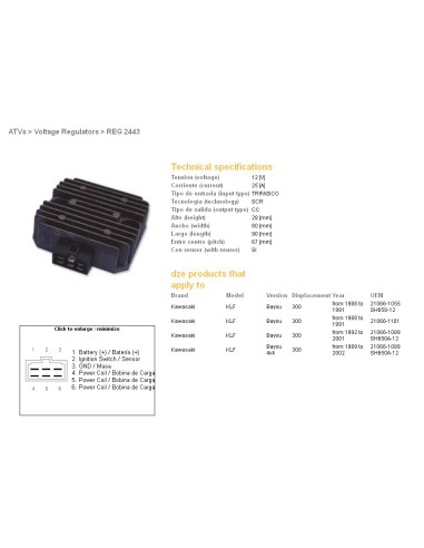 DZE REGULATOR NAPIĘCIA KAWASAKI KLF 300 BAYOU 88-02, KEF 300 LAKOTA '95-'03 (SH650A-12) (21066-1089)