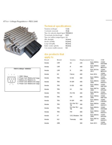 DZE REGULATOR NAPIĘCIA HONDA XL650V 01-07, TRX350/400/450/700 (ESR583) (31600-HN5-671) (35A)