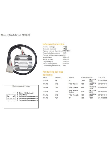 DZE REGULATOR NAPIĘCIA YAMAHA FZS1000 '01-'05, XVS650 '01-'16 (5KP-81960-00) (35A) (ESR266) (5FL-81960-00)