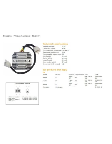 DZE REGULATOR NAPIĘCIA HONDA NTV650 '88-91 12V 35A (SH538C-12) (31600-MN8-008) (31600-MN8-028) (ESR252)