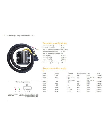 DZE REGULATOR NAPIĘCIA POLARIS ACE 325 EFI '14-'16, 570 EFI '15-'16, 900 '16, RZR 570/900 '12, RZR 1000 EFI '15, 12V 50A