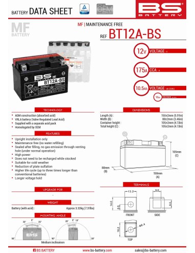 BS AKUMULATOR BT12A-BS (YT12A-BS) 152X88X106 12V 10AH BEZOBSŁUGOWY - ELEKTROLIT OSOBNO (175A) (4) UE2019/1148