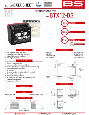 BS AKUMULATOR BTX12-BS (YTX12-BS) 12V 10AH 152X88X131 BEZOBSŁUGOWY - ELEKTROLIT OSOBNO (180A) (4) UE2019/1148