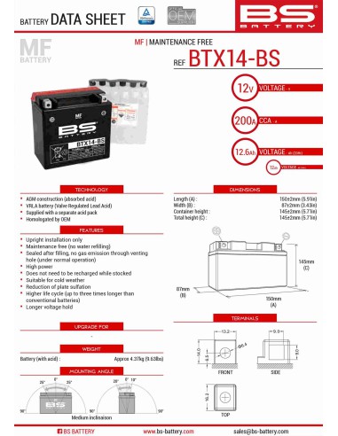 BS AKUMULATOR BTX14-BS (YTX14-BS) 12V 12AH 150X87X145 BEZOBSŁUGOWY - ELEKTROLIT OSOBNO (200A) (4) UE2019/1148