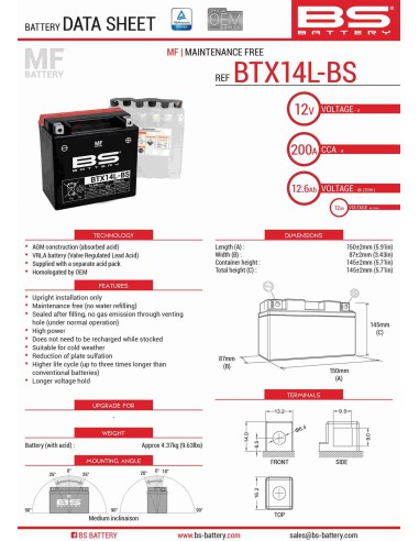 BS AKUMULATOR BTX14L-BS (YTX14L-BS) 150X87X145 BEZOBSŁUGOWY - ELEKTROLIT OSOBNO (4) UE2019/1148