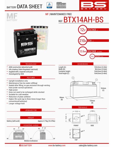 BS AKUMULATOR BTX14AH-BS (YTX14AH-BS) 12V 12AH 134X89X166 BEZOBSŁUGOWY - ELEKTROLIT OSOBNO (210A) (4) UE2019/1148