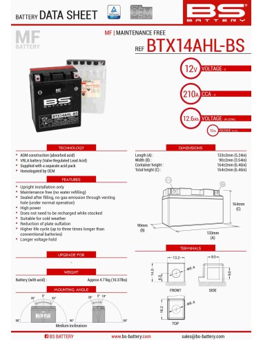 BS AKUMULATOR BTX14AHL-BS (YTX14AHL-BS) (133X90X164) 12V 12AH BEZOBSŁUGOWY - ELEKTROLIT OSOBNO (210A) 4 UE2019/1148