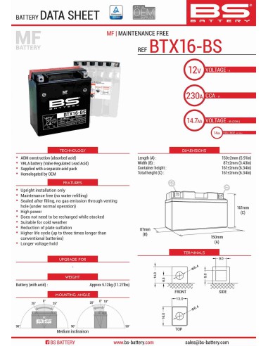 BS AKUMULATOR BTX16-BS (YTX16-BS) 12V 14AH 152X88X161 BEZOBSŁUGOWY - ELEKTROLIT OSOBNO (230A) (4) UE2019/1148