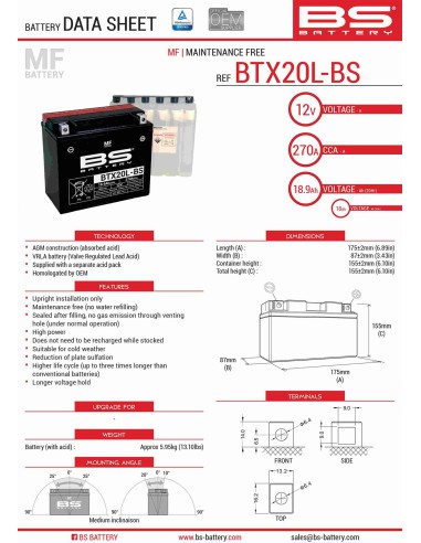 BS AKUMULATOR BTX20L-BS (YTX20L-BS) 12V 18AH 175X86X154 BEZOBSŁUGOWY - ELEKTROLIT OSOBNO (270A) (2) UE2019/1148