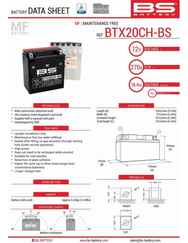 BS AKUMULATOR BTX20CH-BS (YTX20CH-BS, YTX20A-BS) 12V 18AH 150X87X161 BEZOBSŁUGOWY - ELEKTROLIT OSOBNO (270A) (2) UE2019/1148