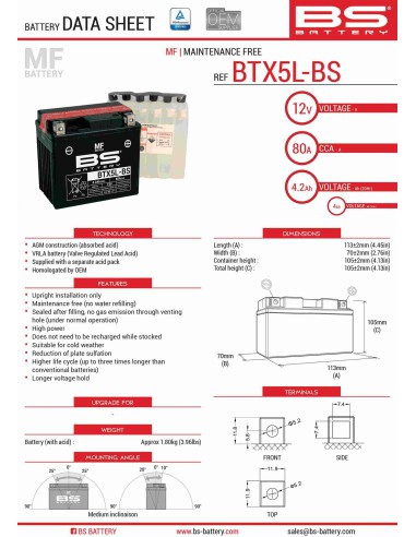 BS AKUMULATOR BTX5L-BS (YTX5L-BS) 12V 4AH 114X71X106 BEZOBSŁUGOWY - ELEKTROLIT OSOBNO (70A) (8) UE2019/1148