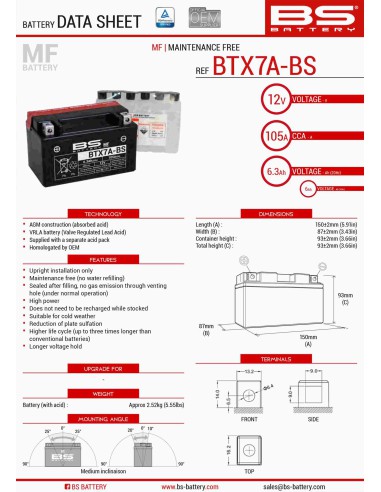 BS AKUMULATOR BTX7A-BS (YTX7A-BS) 12V 6AH 152X88X94 BEZOBSŁUGOWY - ELEKTROLIT OSOBNO (90A) (6) UE2019/1148