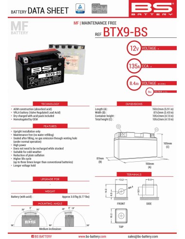 BS AKUMULATOR BTX9-BS (YTX9-BS) 152X88X106 12V 8AH BEZOBSŁUGOWY - ELEKTROLIT OSOBNO (120A) (6) UE2019/1148