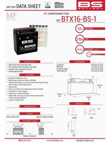 BS AKUMULATOR BTX16-BS1 (YTX16-BS-1) 12V 14AH 152X88X161 BEZOBSŁUGOWY - ELEKTROLIT OSOBNO (230A) (4) UE2019/1148