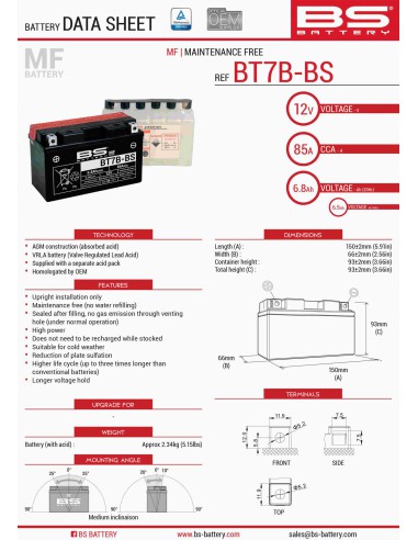 BS AKUMULATOR BT7B-BS (YT7B-BS) 12V 6,5AH 150X65X93 BEZOBSŁUGOWY - ELEKTROLIT OSOBNO (85A) (8) UE2019/1148