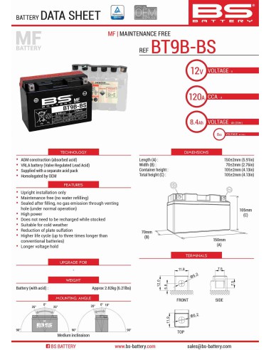 BS AKUMULATOR BT9B-BS (YT9B-BS) 12V 8AH 150X70X105 BEZOBSŁUGOWY - ELEKTROLIT OSOBNO (120A) (6) UE2019/1148