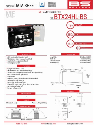 BS AKUMULATOR BTX24HL-BS (YTX24HL-BS) 12V 21AH 205X87X162 BEZOBSŁUGOWY - ELEKTROLIT OSOBNO (350A) (2) UE2019/1148