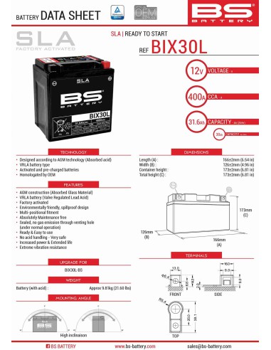 BS AKUMULATOR BIX30L (FA) (YTX30L) 12V 30AH 166X125X175 BEZOBSŁUGOWY - ZALANY (385A) (2)