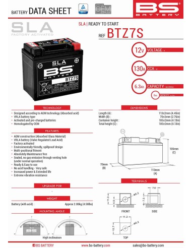 BS AKUMULATOR BTZ7S (FA) (YTZ7S) 12V 6AH 112X69X103 BEZOBSŁUGOWY - ZALANY (130A) (8)