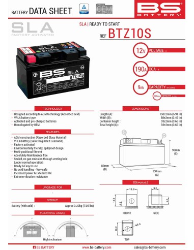 BS AKUMULATOR BTZ10S (FA) (YTZ10S)12V 8,6AH 150X86X95 BEZOBSŁUGOWY - ZALANY (190A) (4)