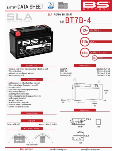 BS AKUMULATOR BT7B-4 (FA) (YT7B4) 12V 6,5AH 148X64X90 BEZOBSŁUGOWY - ZALANY (85A) (8)