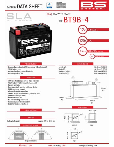 BS AKUMULATOR BT9B-4 (FA) (YT9B-4) 12V 8AH 150X69X105 BEZOBSŁUGOWY - ZALANY (115A) (6)