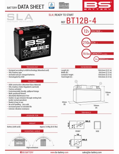 BS AKUMULATOR BT12B-4 (FA) (YT12B-4) 151X70X130 12V 10AH BEZOBSŁUGOWY - ZALANY (175A) (4)