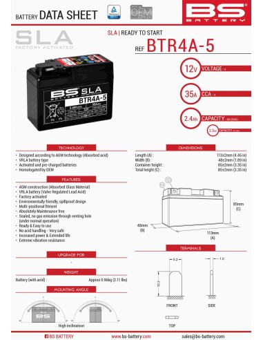 BS AKUMULATOR BTR4A-5 (FA ) (YTR4A-BS) 12V 2,3AH 113X48X85X BEZOBSŁUGOWY - ZALANY (35A) (12)