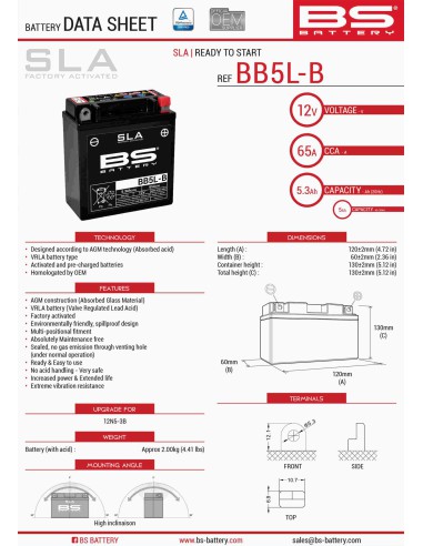 BS AKUMULATOR BB5L-B (FA) (YB5L-B) (12N5-3B) 12V 5AH 120X60X130 BEZOBSŁUGOWY - ZALANY (65A) (6)