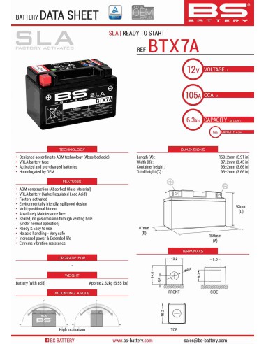 BS AKUMULATOR BTX7A (FA) (YTX7A-BS) 12V 6AH 152X88X94 BEZOBSŁUGOWY - ZALANY (90A) (6)