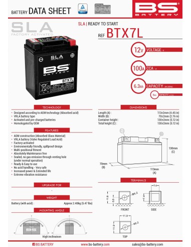 BS AKUMULATOR BTX7L (FA) (YTX7L-BS) 12V 6AH 113X70X130 BEZOBSŁUGOWY - ZALANY (100A) WZMOCNIONY (8)