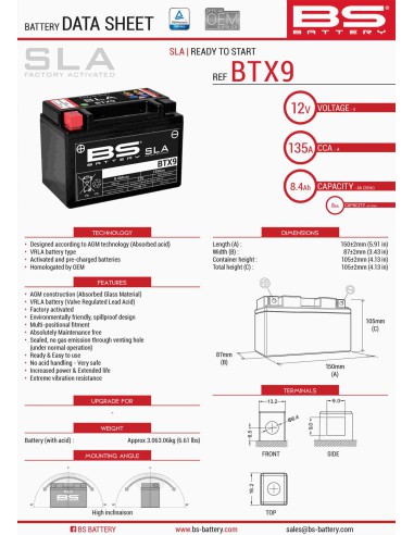 BS AKUMULATOR BTX9 (FA) (YTX9-BS) 152X88X106 12V 8AH BEZOBSŁUGOWY - ZALANY (120A) (9)