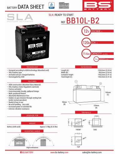 BS AKUMULATOR BB10L-B2 (FA) (YB10L-B2,YB10L-A2) 12V 11AH 136X91X146 BEZOBSŁUGOWY - ZALANY (160A) (4) - ZASTĘPUJE 300834