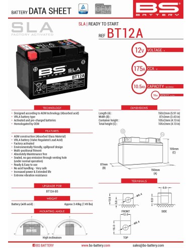 BS AKUMULATOR BT12A (FA) (YT12A-BS, YT12A) 152X88X106 12V 10AH BEZOBSŁUGOWY - ZALANY (175A) (4)