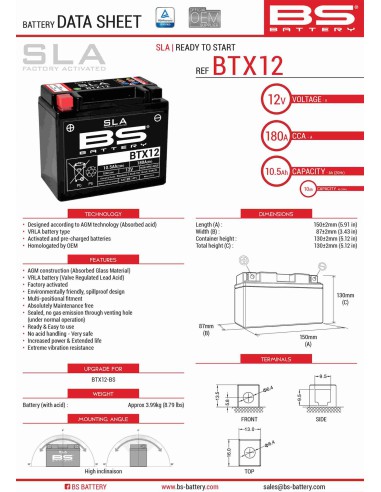 BS AKUMULATOR BTX12 (FA) (YTX12-BS) 12V 10AH 152X88X131 BEZOBSŁUGOWY - ZALANY (180A) (4)