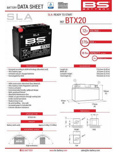 BS AKUMULATOR BTX20 (FA) (YTX20-BS) 12V 18AH 175X87X155 BEZOBSŁUGOWY - ZALANY (270A) (4)