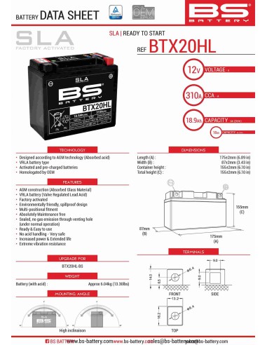 BS AKUMULATOR BTX20HL (FA) (YTX20HL-BS) 12V 18AH 175X87X155 BEZOBSŁUGOWY - ZALANY (310A) (4)