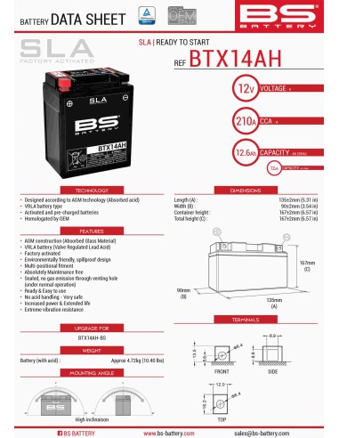 BS AKUMULATOR BTX14AH (FA) (YTX14AH-BS) 12V 12AH 135X90X167 BEZOBSŁUGOWY - ZALANY (210A) (4)